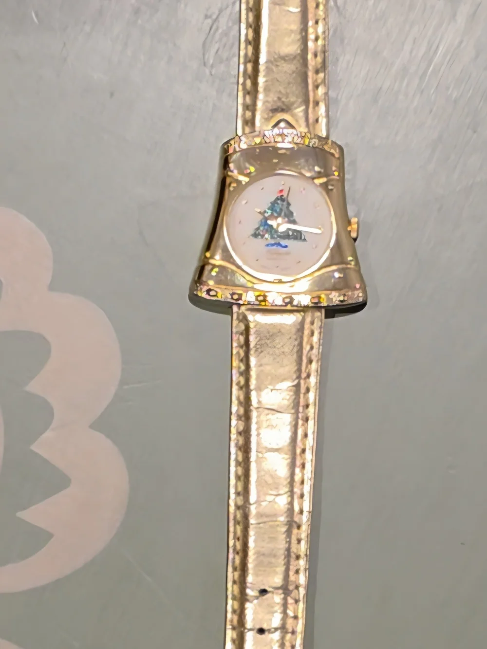 Vintage Lafayette Christmas Tree Bell-Shaped Watch | Gold Tone Metallic Leather